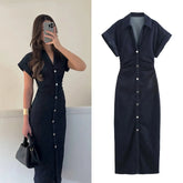 Elegant Denim Midi Dress – ETJ 2025 Collection with Slim Wrinkle Waist